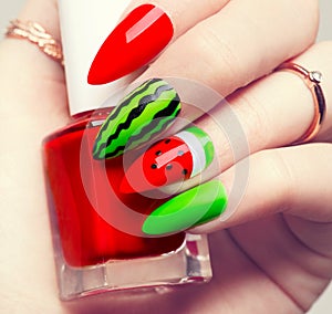 Nail art. Watermelon style bright manicure