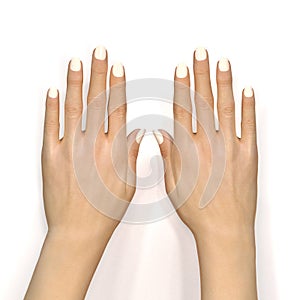 Nail Design Mock Up. Hands with White Manicure Isolated on a White Background. Close up of Female Hands with Colorless Nail Polish