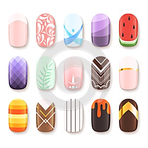 Nail designs. Colored template of finger art design vector pictures cartoon