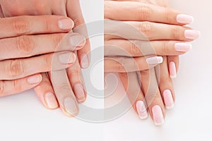 Before and after nail extension. Natural french manicure. Long nails extension, female hands