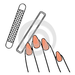 Nail file. Brown stylish nails. Beautiful manicure. File cuts the nail