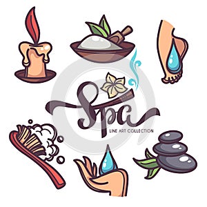 nail, foot, hand spa and care, vector objects and icons collection line art style and lettering composition