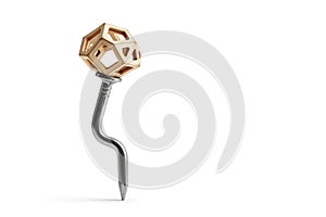 A nail with a geometric wooden head is an unusual design object. Space for text.