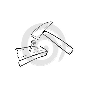 Nail Hammer icon in doodle sketch lines. Construction tool work carpenter nail wood