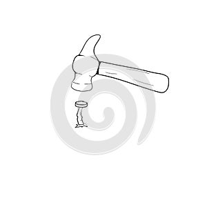 Nail Hammer icon in doodle sketch lines. Construction tool work carpenter nail wood