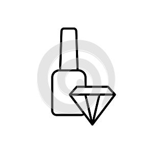 Nail hardener, linear icon. Bottle of firming polish and diamond. Black simple illustration of nail repair, fixing varnish,