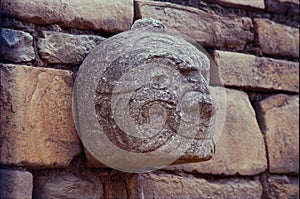 A Nail head (Cabeza Clava) or zoomorphic face carved in stone from the pre-incan culture Chavin in Ancash Region, Peru