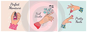 Nail manicure print. Posters for beauty salon with woman hands. Manicured fingers with painted polished nails. Spa