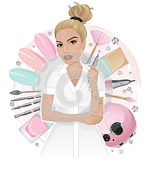 Nail master with instruments on elements background