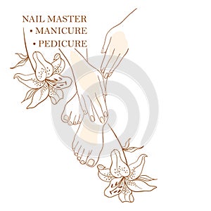 Nail master, manicurist, manicure, pedicure, business card, simple stylish icons for spa beauty salons, foot care