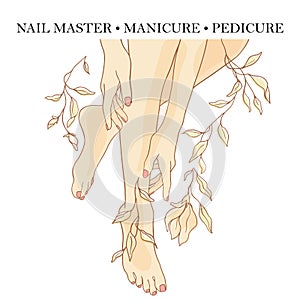 Nail master, manicurist, manicure, pedicure, business card, simple stylish icons for spa beauty salons, foot care