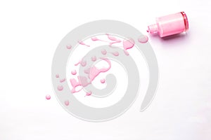 Nail polish bottle and drop on white background