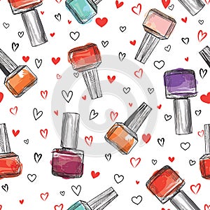 Nail polish bottle seamless pattern. Beauty salon background. Lo