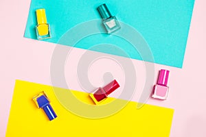 Nail polish bottles pattern background. Close up