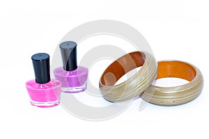 Nail polish bottles and wooden bangles