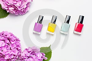 Nail polish, Decorative cosmetics. Set of different varnishes for manicure nails on light background with flowers of pink