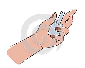 Nail polish in hand. Manicure illustration. Vector Tender female hands isolated on white background.