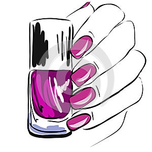 nail polish in the hand, well-groomed nails,pink nail polish, manicure, pedicure, gel-varnish, vector illustration