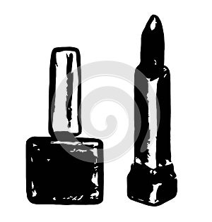 Nail Polish and lipstick in black sketch on a white background