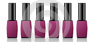 Nail polish package set, illustration of six bottles of nail polish, violet flasks with copy space for your design isolated on