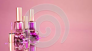 Nail polish. Pink background. Fashion, makeup, manicure, nails, beauty. 3D illustration, 3D rendering