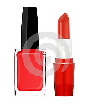 Nail polish of red color and lipstick isolated on white