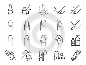 Nail polish salon icon set. Included the icons as finger, toe separator, coat, remover pad, glaze, paint, nail art and more photo