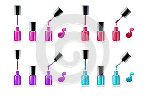 Nail polish set. Blue, pink and purple paint realistic opened closed bottle, brush and enamel drop