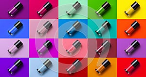 Nail polish set, bright collage of colorful gel nail polish bottles over colourful backgrounds, top view