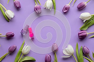 Nail polish and Spring fresh tulips on violet background for mother's day, valentine greetingcard