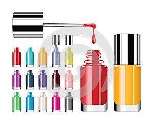 Nail polish. Various colors of nail lacquers, contained in transparent bottles.