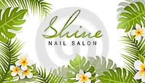 Nail salon business card design. Manicure beauty salon banner with tropic leaves and flower photo