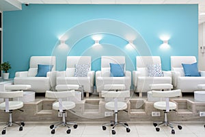 Nail salon interior, front view of modern pedicure armchairs in manicure shop