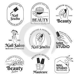 Nail salon logo. Manicure and hand care cosmetic line logos. Beautiful female hands, polish brush and flowers. Fashion boutique