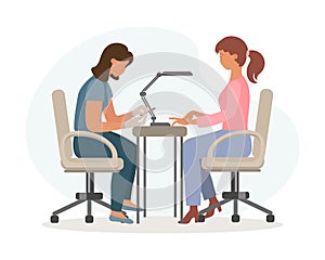 Nail salon. Woman manicurist works with a client. Business concept. Illustratio