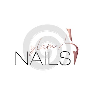 Nail studio glam logo with rose golden gradient, creative nail polished illustration for nail bar, manicure salon, manicurist logo