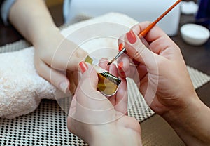 Nail technician makes nail extensions gel in the beauty salon