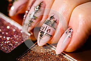 Nails Design. Hands With Bright Pink and White Manicure On Background. Close Up Of Female Hands. Art Nail. New Year manicure