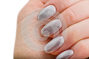 Nails Design. Hands With Bright Silver Christmas Manicure On White Background. Close Up Of Female Hands. Art Nail