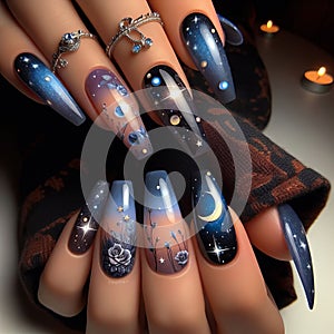 Nails designed to look like a celestial night sky, with twinkl