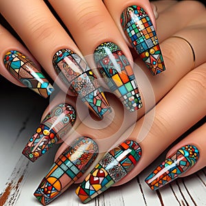 Nails designed to look like a mosaic of colorful tiles, with g
