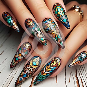 Nails designed to look like a stained glass window, with intri