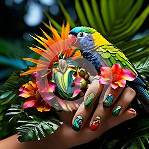 nails designed to look like a tropical jungle with palm leave