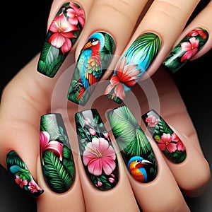 Nails designed to look like a tropical jungle, with palm leave