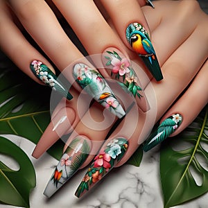 Nails designed to look like a tropical jungle, with palm leave
