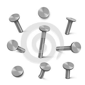 Nails hammered into wall, steel or silver pin heads. Realistic 3d vector illustration