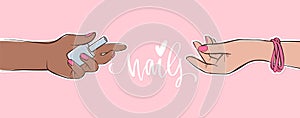 Nails and manicure banner or poster illustration. Female hands with different skin colors. Pink nail polish