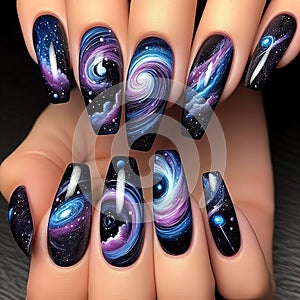 Nails painted to resemble a galaxy, with swirls of blues, purp photo