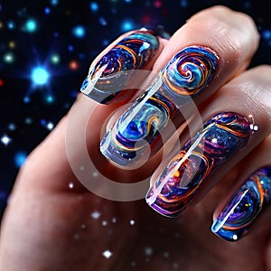 nails painted to resemble a glittering galaxy with swirls of s photo