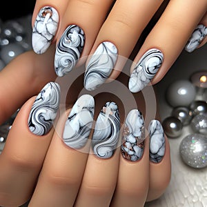 Nails painted to resemble a marbled stone pattern, with swirl photo